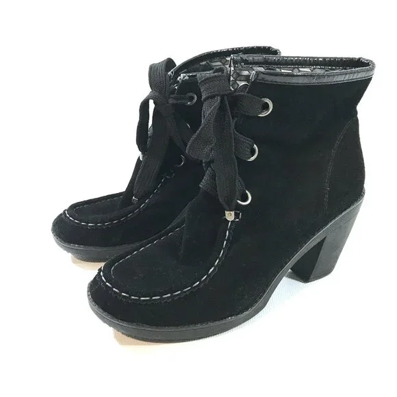 Black Lace Up Ankle Boots Women 8.5 Suede Chunky Heel, R2 by Report - Picture 1 of 9
